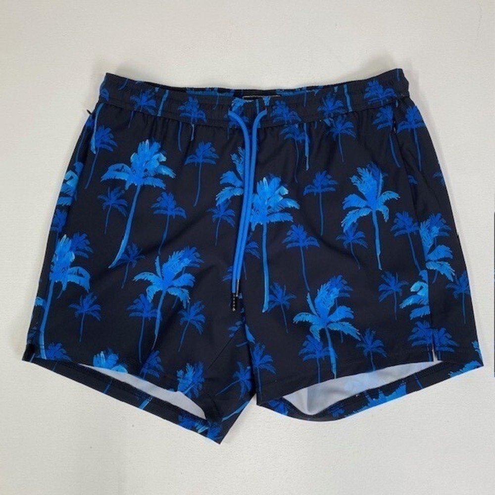 Surfcuz Men's Swim Trunks Blue Palm Print Drawstring Waist Medium NEW